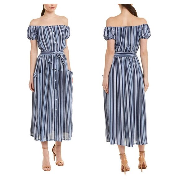 Nisha Outi NWT $168 Midi Dress in Blue Stripe Off-the-Shoulder Women's Sz M/6 - Picture 1 of 9